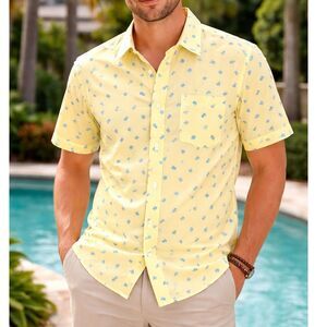 Pineapple Print Hawaiian Shirt Mens Medium Yellow Tropical Button Up